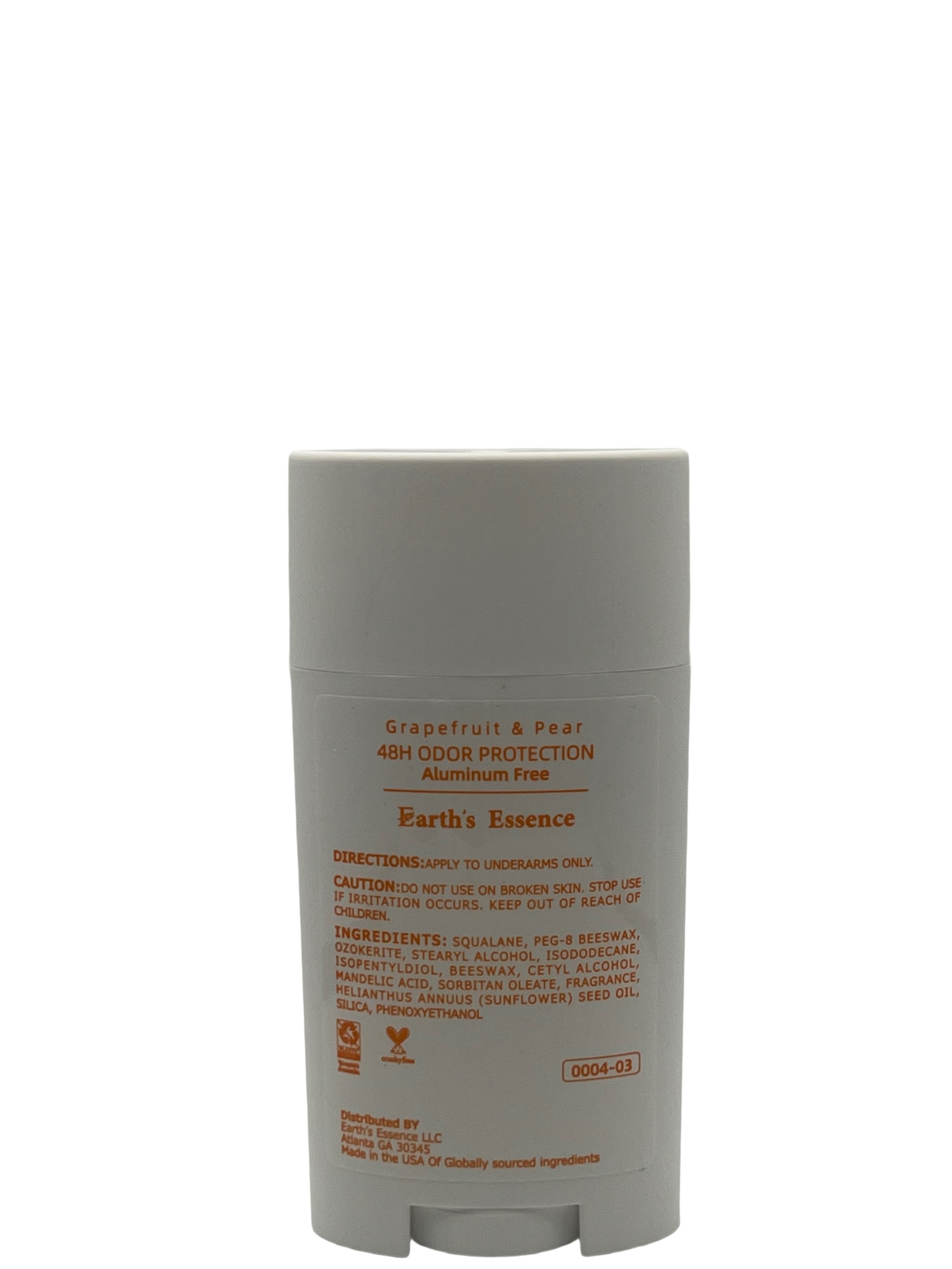 Deodorant stick with 'Earth's Essence' branding on a white background